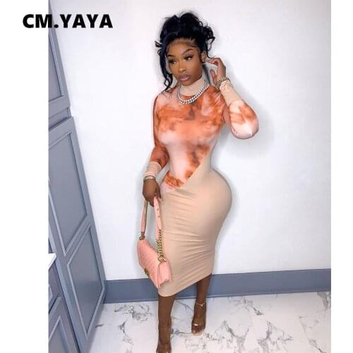 CM.YAYA Women Midi Dress Patchwork Full Sleeve High Collar Stretchy Bodycon Skinny Dresses Fashion Vestidos Aumtumn Outfits 2021