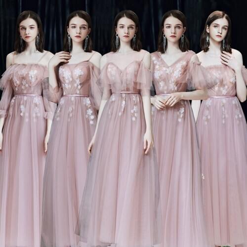 Bridesmaids Dress Illusion Pleat Short V-Neck Embroidery Floor-Length Lace Tulle Off The Shoulder Women Wedding Party Gown E194