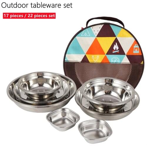 17pcs/22pcs camping sundries kit outdoor tableware stainless steel dishes and bowls with camping storage bag