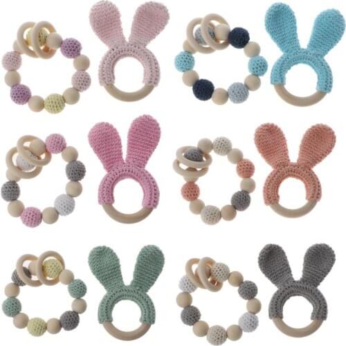 2Pcs Natural Wooden Crochet Baby Teether Teething Bracelet Ring Rattle Toy Gift F3ME