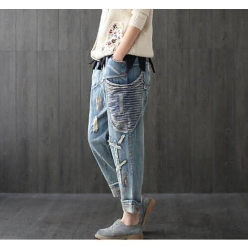 2019 Women Casual Patchwork Denim pants Ladies Vintage Elastic Waist Bleached Denim Trousers Female Wrinkle Vintage Jeans