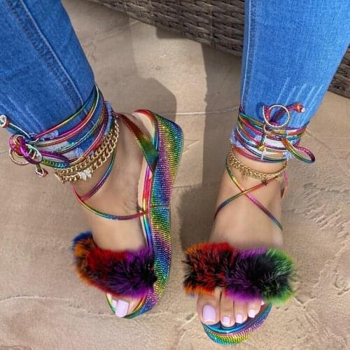 2021 Women Furry Platform Sandals Woman Rainbow Rhinestone Cross Tied High Heels Ladies Ankle Strap Shoes Plus Size Dropshipping