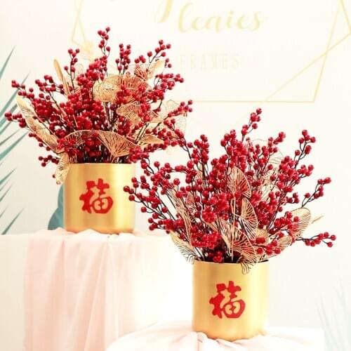 65cm Long Artificial Berry Branches Fake Red Holly Fruit Foam Flowers Golden Leaves For Chinese New Year Winter Home Table Decor