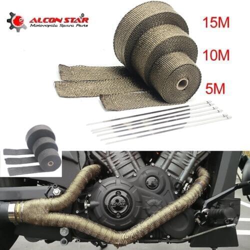 Alconstar- 5M/10M/15M Motorcycle Car Exhaust Heat Wrap Roll Tap Kit for Fiberglass Heat Shield Tape with 6 Stainless Ties ATV CB