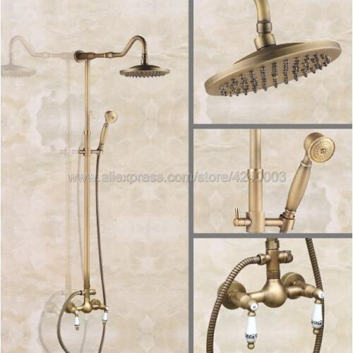 Antique Brass Bathroom Shower Set Faucet With Hand Sprayer Mixer Tap 8" Rainfall head Dual Handles Wall Mounted Kan503