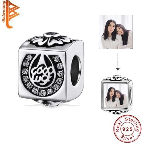BELAWANG Original 925 Sterling Silver Zircon Crystal Bead Square Charms Beads Fit Bracelet Necklace Customize Photo DIY Jewelry