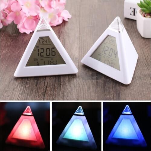 1PCS Household Alarm Clock Time Date Temperature Digital Display Luminous Triangle LED Colorful Discoloration Lazy Snooze Clocks