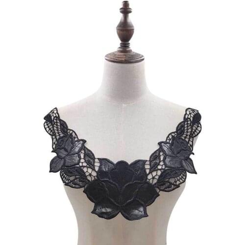 Black PU Leather Embroidery Collar Trim Floral Embroidered Applique Lace Neckline Dress Garment Embellishments Sewing Trimmings