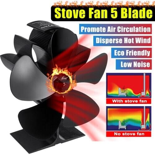 Black 5 Blades Heat Powered Stove Fan Log Wood Burner Eco Friendly Quiet Fan Home Efficient Heat Distribution Fireplace Fan