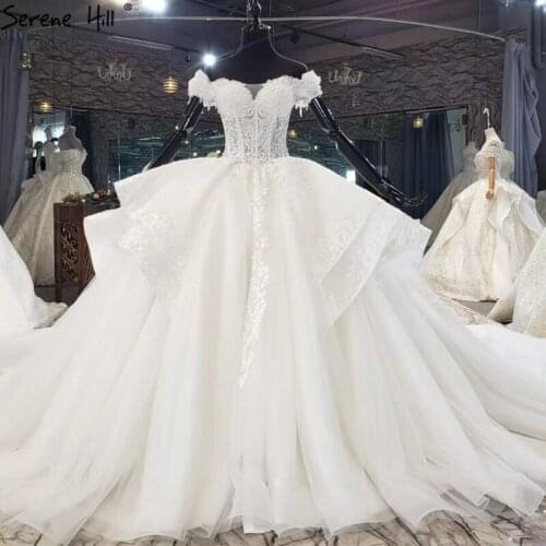 Ivory Off Shoulder High-end Wedding Dresses 2021 Dubai Sparkle Beading Pearls Bridal Gowns HX0211 Custom Made