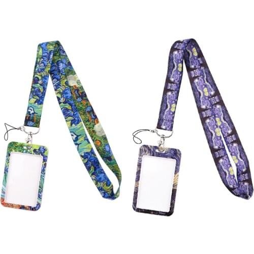 G1935 Cartoon Vangogh Oil Painting Lanyard Keychain keys Badge ID Mobile Phone Rope Lanyard With Card Holder Cover