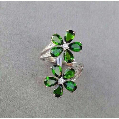 Luxurious Elegant big Flower Natural green diopside gem Ring S925 Silver Natural Gemstone Ring Womens party gift fine Jewelry