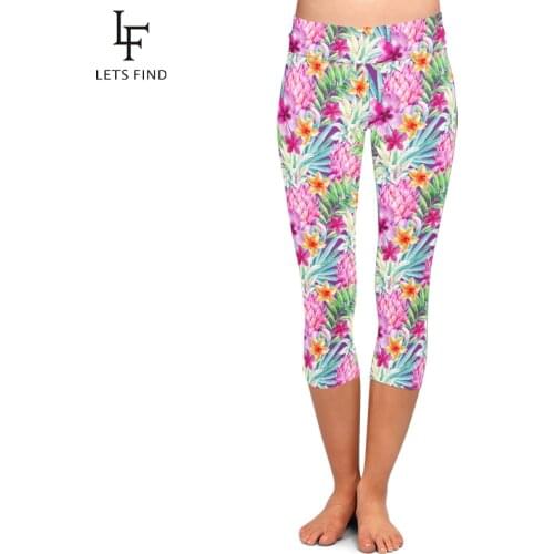 LETSFIND Summer Style Beautiful Flowers Digital Printing Fitness Capri Legggings High Waist Plus Size Mid-Calf 3/4 Leggings