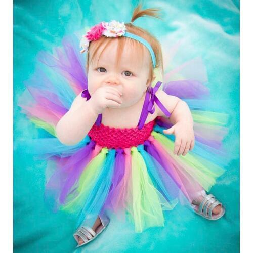 Cute Baby Crochet Tutu Dress Infant Girls 1Layer Tulle Dress with Flower Headband Newborn Party Strap Dress Photography Costume