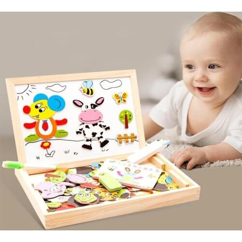 Multifunction Wooden Children Animal Puzzle Magnetic Drawing Board Toys Kids Writing Double Sided Drawing Board Learning Toys