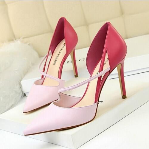 Korean-Style Fashionable Sweet High Heels Womens High-Heel Shallow-Mouth Pointed-Toe Color Matching Hollow A- line Thin Shoes