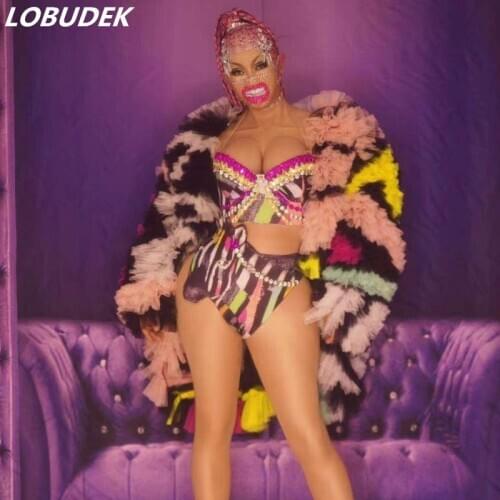 Multi-color Sequins Rhinestones Bra Shorts Mesh Cloak 3-Pieces Set Nightclub Bar Women Singer Leading Dancer Sexy Stage Costume