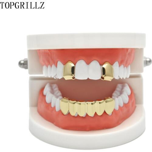 TOPGRILLZ New Fit Hip Hop Rose Gold Color Plated Mouth Grillz Set 2 pcs Single Top&6 teeth Bottom Set Black Gun Grills