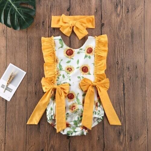 Newborn Kids Baby Girl Floral Sleeveless Romper Sunflower Print Jumpsuit Clothes Outfit Summer Toddler Rompers