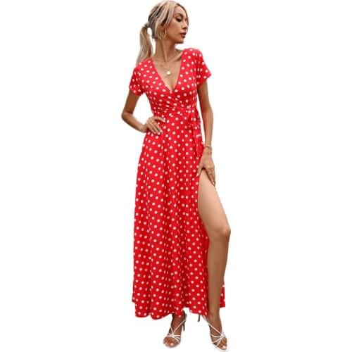 Split Short-Sleeved Dress Casual Women Clothing Sexy Dress Polka-Dot Waist V-Neck Loose Long Skirt 2021 Summer Evening Dresses