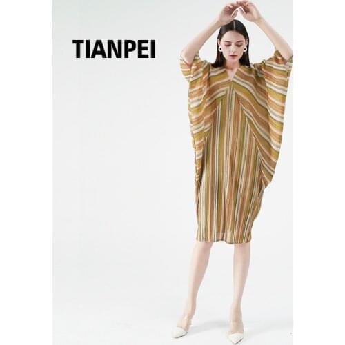 Miyake Pleated Plus size slim waist V-neck bat sleeve dress female 2020 summer new painting three-color striped print dress 5267