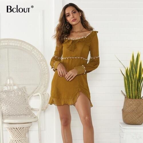 Bclout Polka Dot Women Dress Autumn Bohemia Long Sleeve Chiffon Dress Yellow Ruffle Square Collar Elegant Dresses Ladies Pearl