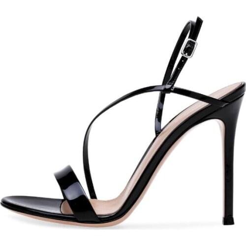 Drop Shipping Hot Blue Black Nude Patent Leather One Line Buckle Sandals Woman Cross Simple High Heel Party Shoes Big Size 46