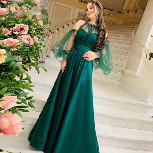 Dark Green Long Evening Prom Dresses 2020 New Hunter A Line Women Formal Dress Puffy Tulle Long Sleeves Vintage Party Gowns