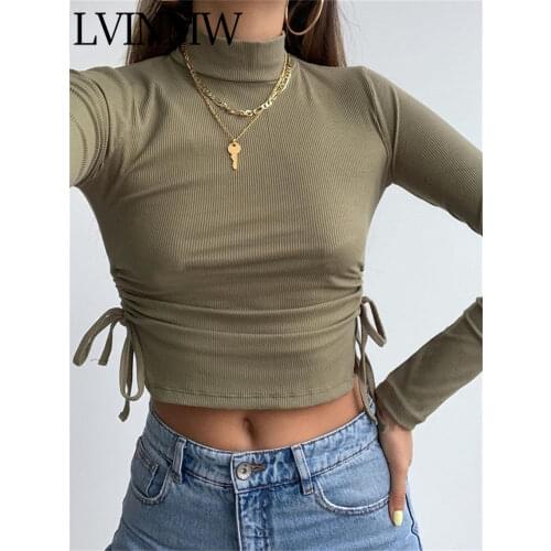 LVINMW Sexy Mock Neck Long Sleeve Lace Up Pleated Crop Top Solid Daily Simple Basic Fashion Woman thsirts Autumn T Shirt Street