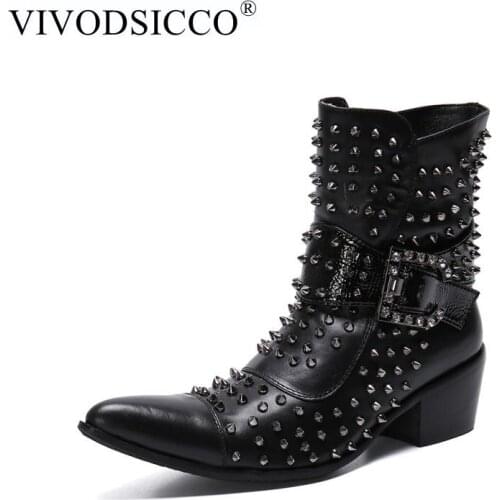 Vintage Men Chelsea Boots Genuine Leather Rivets Style Man Ankle Boots Zipper Male Casual Buckle Shoes Sapato Botas Wedding Shoe