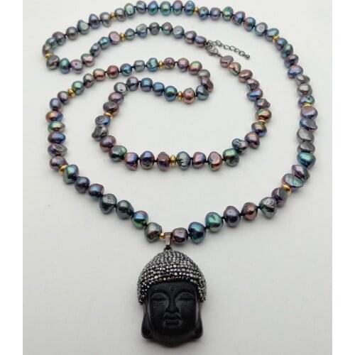 YYGEM 37" Cultured Black potato freshwater Pearl Necklace black crystal Buddha Pendant religious style party for women