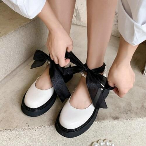 ZawsThia 2021 Autumn Round Toe Cute Girls Shoes Japanse Lolita Thick Sole Ribbon Ankle Tie Pearl Women Mary Janes Platform Flats