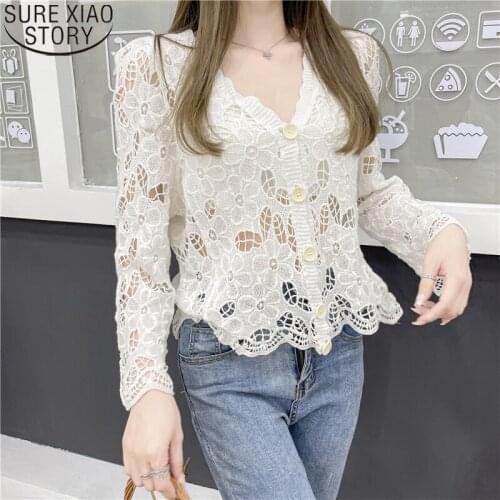 2021 New Crocheted Floral Shirts Women Hollow Out Blouse Sexy V-neck Cardigan Lace Tops Mujer Summer Long Sleeve Clothes 14460