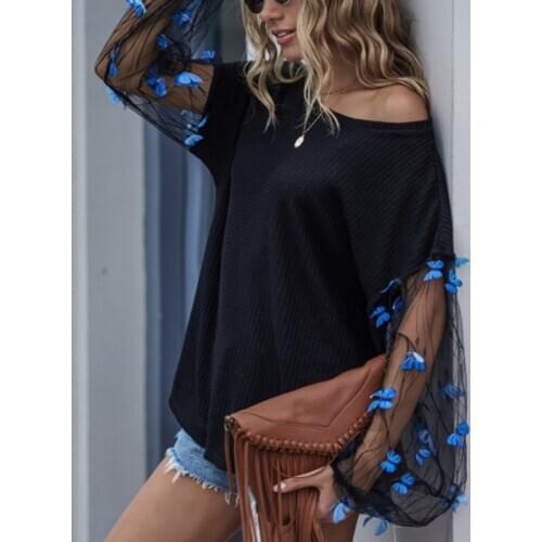 Woman Elegant Mesh Patchwork Blouse Long Sleeve Blouse Black Lace Transparent Butterfly Pullover Streetwear Shirts