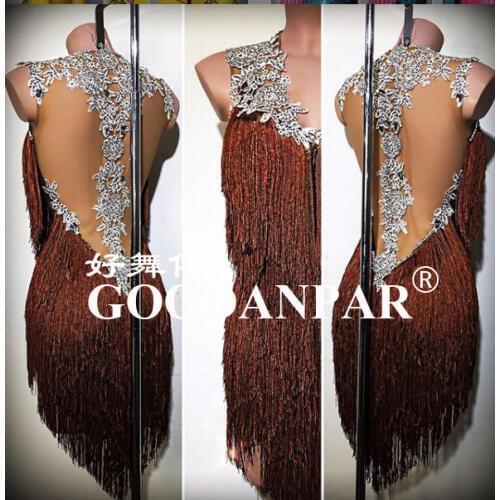 GOODANPAR NEW fringe style Lycra Latin Dance Competition Dress Women with bodysuit bra cups Salsa Samba Dance Wear coffee color