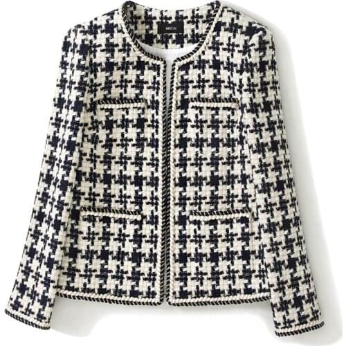 2020 spring autumn women Houndstooth short tweed coats o-neck office lady twist weave jackets elegant coat y574