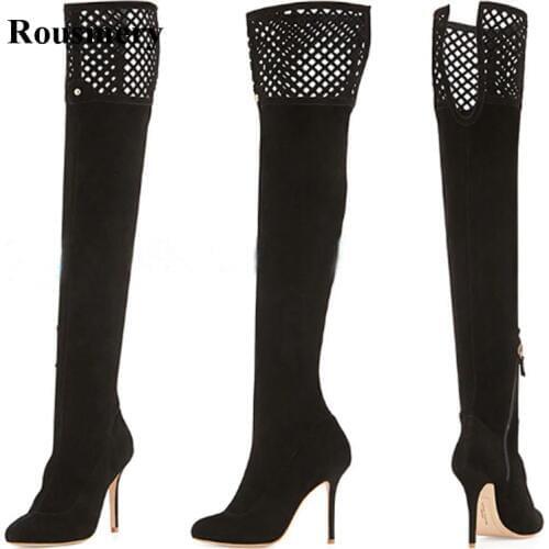 2017 New Fashion Women Black Suede Leather Knee High Dress Boots Cut-out Lace-up High Heel Long Boots Sexy Dress Boots Shoes