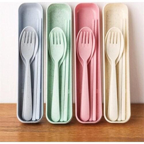 3PCS/Set Wheat Straw Cutlery Set Useful Cutlery Set Travel Picnic Childrens School Tableware Box High Quality Dinnerware Set