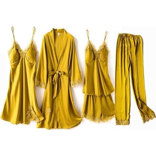 5PCS Womens Lace Sleepwear Sleep Suit Spring Silky Satin Pajamas Sets Sexy Pijamas With Chest Pads Nightwear Home Wear Nightgown