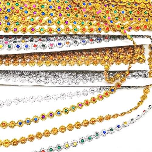 4.5 Yards Gold Rhinestone Lace Trim Braided Lace Diamond Ribbon Beaded Gold Sewing Band 1cm