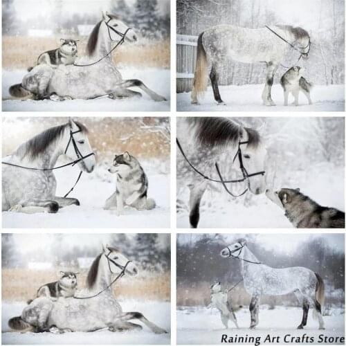 5D Diy Diamond Painting Winter horse with dog Full Round Square Drill Embroidery Cross Stitch Animal Mosaic Pictures Home Decor