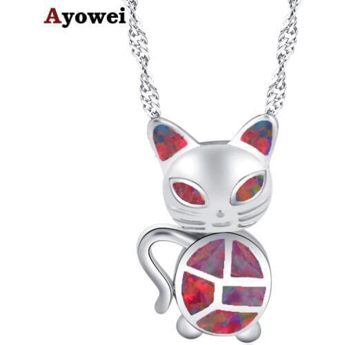 Ayowei New silver plated Red White Fire Opal Pendant Necklace Anniversary Gift Cat Shape OP840A