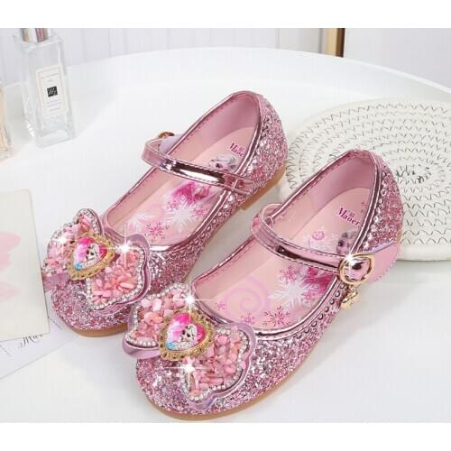 Disney Elsa Princess Kids Leather Sandals For Girls Casual Glitter Children Flat Heel Girls Shoes Knot Blue Pink Silver Sandals