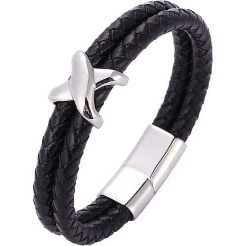 Trendy Cross Men Bracelet Double Layer Stainless Steel Leather Bangles Magnetic Clasp for Boyfriend Fashion Jewelry Gifts PD1072