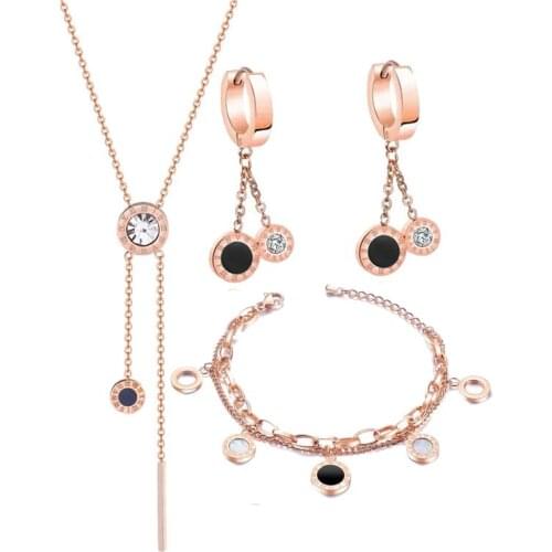 Black Beige Roman Numerals Double Titanium Steel Bracelet Tassel Earring Necklace Set Rose Gold Wedding Jewelry Set