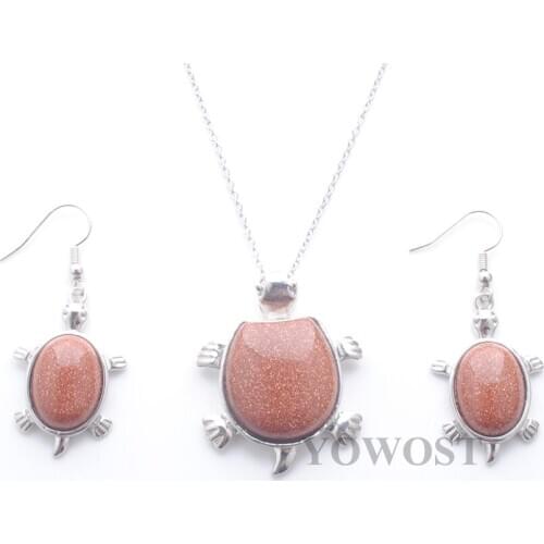 Elegant Necklace Earrings Lucky Jewelry Sets Gift for Women Chakra Healing Golden Sand Stone Dangle Pendant Chain 18" QQ3103