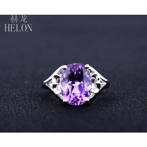 HELON Solid 14k White Gold AU585 Flawless Oval 9X12mm Natural Amethyst Wedding Ring For Women Elegant Fashion Jewelry Party Ring