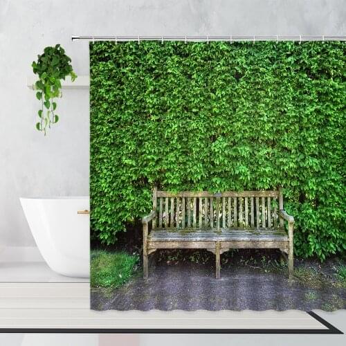 Idyllic Green Plants Leaves Bench Shower Curtains Flowers Plants Leaf Vines Rustic Garden Background Bathroom Decorative Curtain