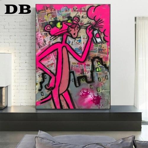 Graffitti Street Art Canvas Posters And Prints Pink Leopard Animal Pop Cartoon Painting On The Wall Spray Can Picture Home Decor