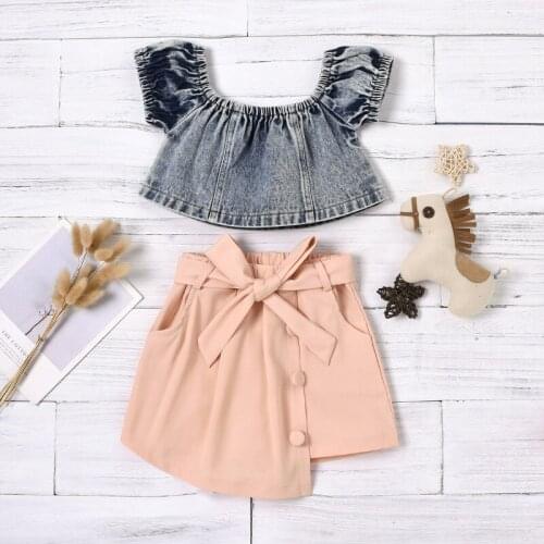 Summer Kids Two Piece Denim Suit, Short Sleeves Round Neck Crop Tops Bowknot Irregular Patchwork Skirt Like Shorts